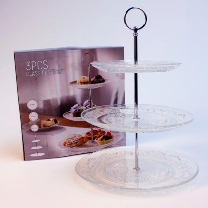 Hovedbilde Kakefat i glass 3 etasjers