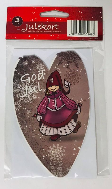 Julekort dobbelt med konvolutt 3 pk.