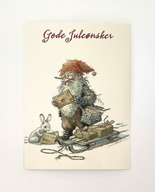 Hovedbilde Julekort enkelt Nisse med julebrev og hare